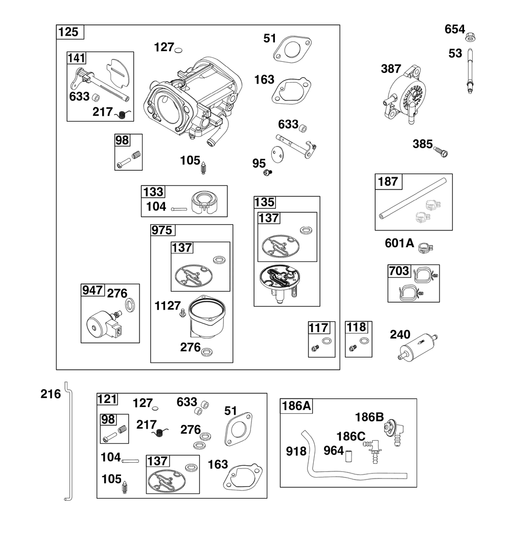 Carburetor And Fuel Supply Group Diagram and Parts List for 44N677-0062-B5 400000 - 699999 Briggs and Stratton Engine